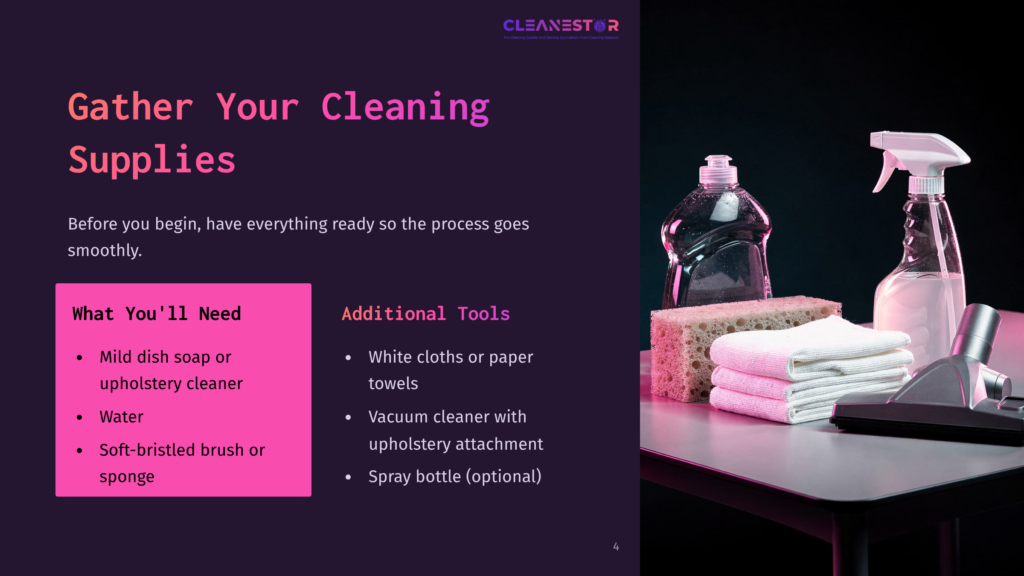 Gather Your Cleaning Supplies: Mild Dish Soap, Water, Soft-Bristled Brush, White Cloths, Vacuum Cleaner Attachment, And Spray Bottle On A Dark Background.