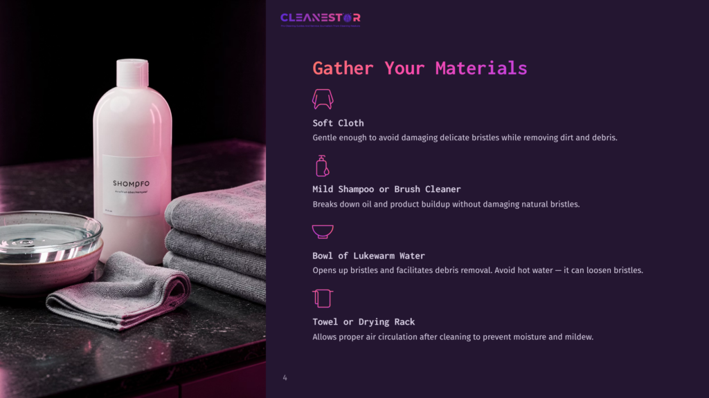 4 Gather Your Materials A Bottle Of Shompoo, A Bowl Of Water, And Folded Grey Towels Are Arranged On A Dark Countertop, Ready For Cleaning Makeup Brushes.