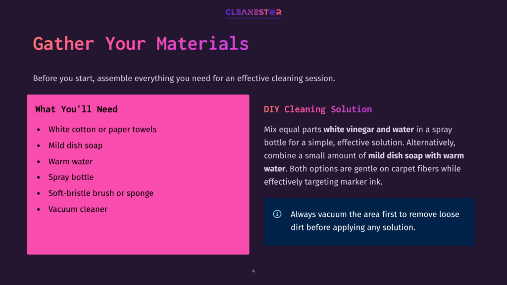 Gather Your Materials: White Cotton Or Paper Towels, Mild Dish Soap, And Warm Water Are Needed For A Diy Cleaning Solution. The Image Also Lists Vacuum Cleaner And Spray Bottle As Supplies.