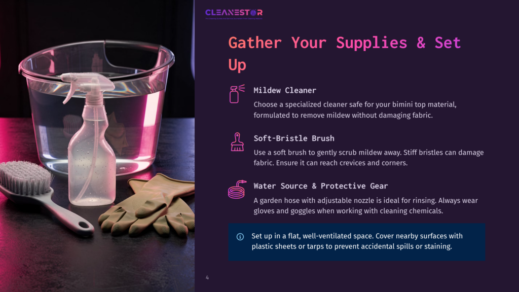 Cleanestor Logo, Mildew Cleaner, Soft-Bristle Brush, And Protective Gear For Cleaning A Bimini Top.