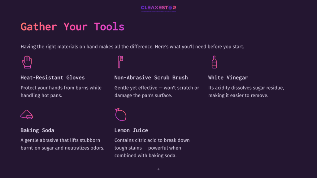 Gather Your Tools For Cleaning: Heat-Resistant Gloves, Non-Abrasive Scrub Brush, White Vinegar, Baking Soda, And Lemon Juice Are Shown With Icons And Descriptions.