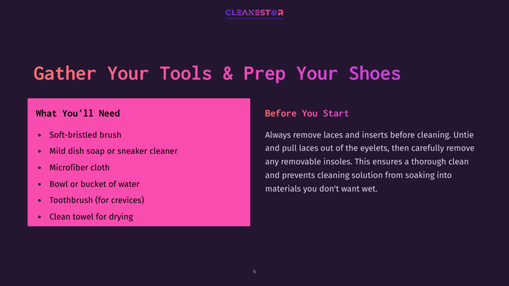 4 Gather Your Tools And Prep Your Shoes Slide Titled &Quot;Gather Your Tools &Amp; Prep Your Shoes&Quot; With A List Of Items Needed For Cleaning And Instructions On Preparing Shoes For Cleaning.