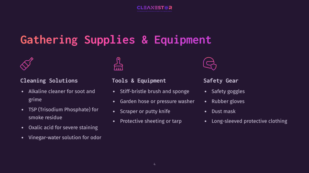 Gathering Supplies &Amp; Equipment For Cleaning: Cleaning Solutions, Tools &Amp; Equipment, And Safety Gear Are Listed With Icons And Bullet Points.
