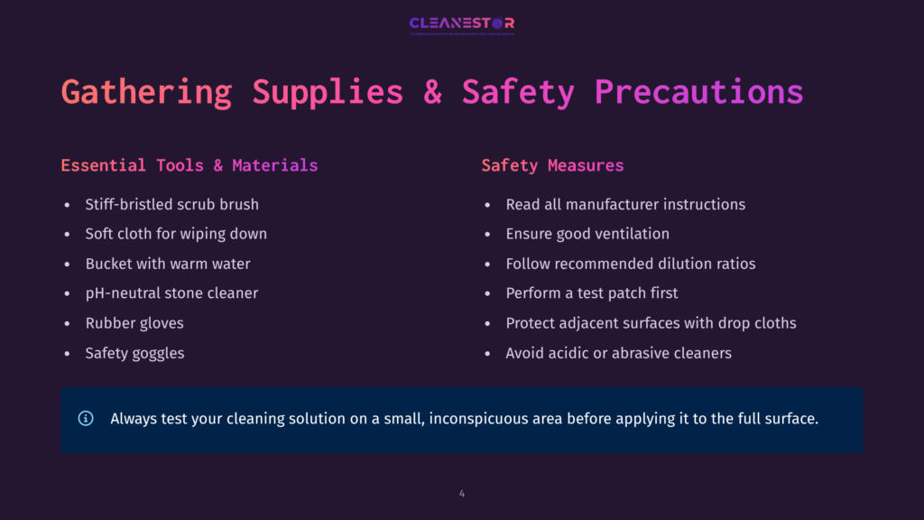 Slide Titled &Quot;Gathering Supplies &Amp; Safety Precautions&Quot; From Cleanestor, Listing Essential Tools Like Scrub Brushes, Gloves, And Safety Measures Such As Reading Instructions And Testing Solutions.