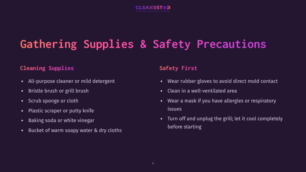 Dark Purple Background With A Title &Quot;Gathering Supplies &Amp; Safety Precautions&Quot; And Two Columns: &Quot;Cleaning Supplies&Quot; With Items Like All-Purpose Cleaner And Scrub Sponge, And &Quot;Safety First&Quot; With Items Like Rubber Gloves And A Mask.