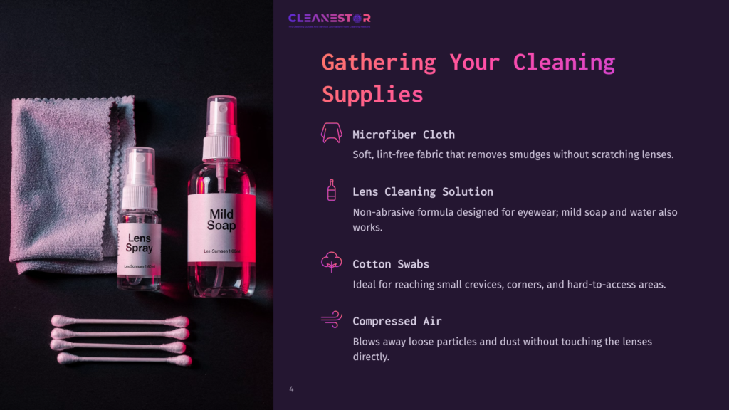 Cleaning Supplies For Glasses: A Microfiber Cloth, Lens Spray, Lens Cleaning Solution, Cotton Swabs, And Compressed Air, Laid Out On A Dark Background.
