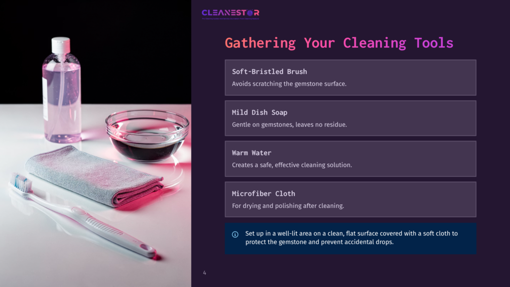 4 Gathering Your Cleaning Tools Cleaning Tools For Jewelry: A Soft-Bristled Toothbrush, A Bowl Of Water With Soap, And A Microfiber Cloth Are Laid Out On A White Surface Next To A Bottle Of Cleaning Solution.