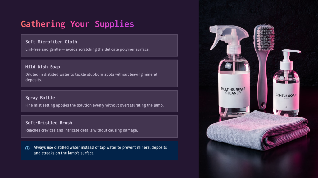 Cleaning Supplies For A Lamp: A Microfiber Cloth, Mild Dish Soap Spray Bottle, And A Soft-Bristled Brush On A Dark Background.