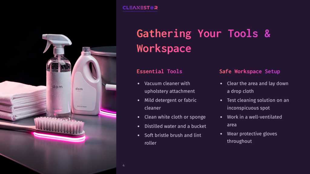 Cleaning Supplies Including Spray Bottles Labeled &Quot;Dom&Quot; And &Quot;Dom,&Quot; A Brush With Pink Led Lights, And White Towels Are Arranged On A Dark Surface, With A Large Pot In The Background.