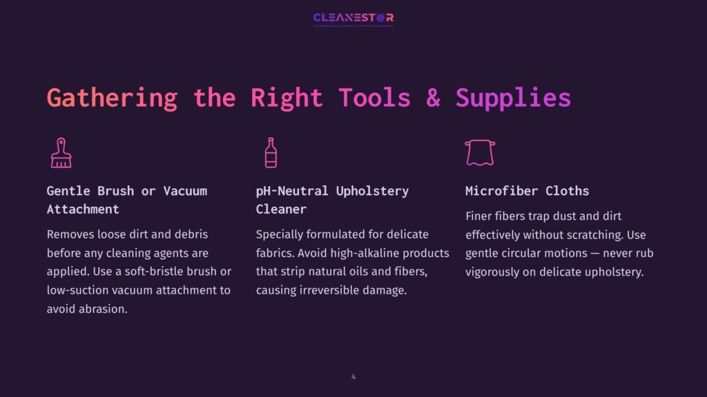 Illustration Showcasing Tools For Upholstery Cleaning: A Gentle Brush, Ph-Neutral Upholstery Cleaner, And Microfiber Cloths. Text Highlights Their Benefits.