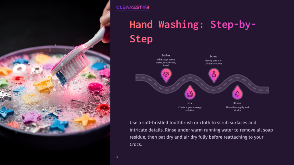 4 Hand Washing Step By Step Close-Up Of A Pink And White Toothbrush With Bristles Covered In Pink Soap Suds, Cleaning Colorful Plastic Charms In A Bubbly Sink. Text Overlay: &Quot;Cleanestor Hand Washing: Step-By-Step&Quot;.