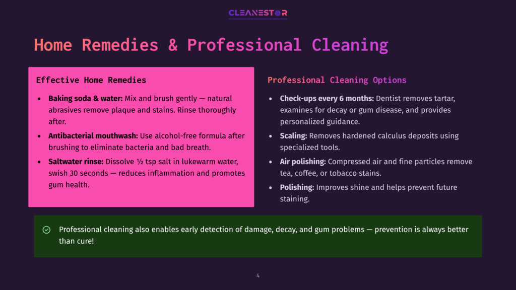 4 Home Remedies And Professional Cleaning Infographic Comparing Home Remedies For Dental Health, Such As Baking Soda And Mouthwash, With Professional Cleaning Options Like Scaling And Air Polishing.