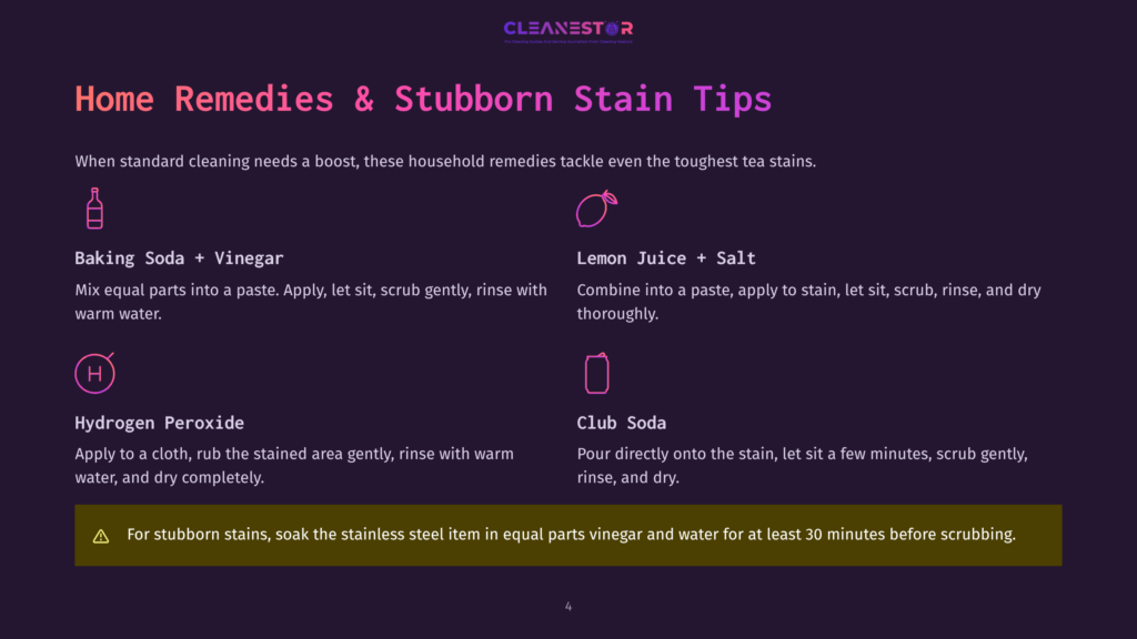 4 Home Remedies And Stubborn Stain Tips Infographic Detailing Home Remedies For Stubborn Stains On Stainless Steel, Including Baking Soda And Vinegar, Lemon Juice And Salt, Hydrogen Peroxide, And Club Soda. Text Highlights The &Quot;Cleanestor&Quot; Brand And Cleaning Tips.