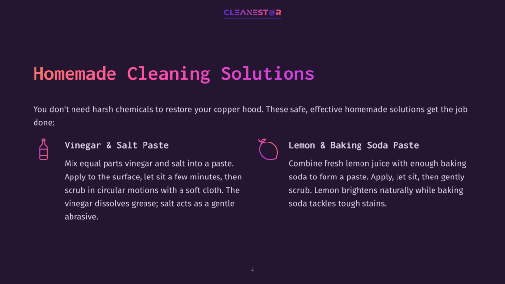 Homemade Cleaning Solutions For Copper Hood: Vinegar And Salt Paste, And Lemon And Baking Soda Paste. Instructions Provided.