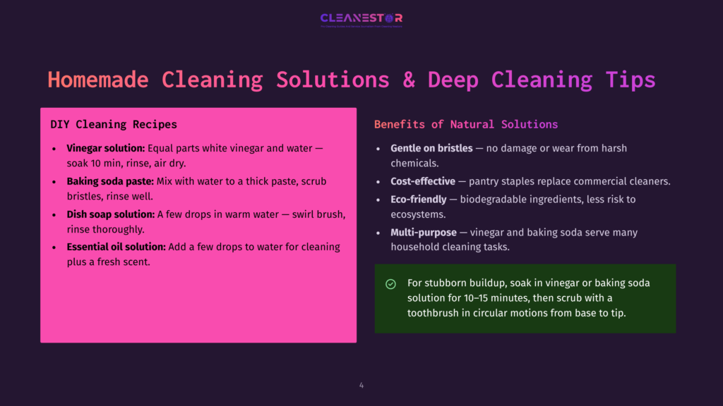 4 Homemade Cleaning Solutions And Deep Cleaning Tips Diy Cleaning Recipes Section Of A Presentation Slide, Featuring A Pink Sidebar With Homemade Cleaning Solution Recipes Like Vinegar And Baking Soda, And A Dark Purple Sidebar Detailing Benefits Of Natural Cleaning Solutions.
