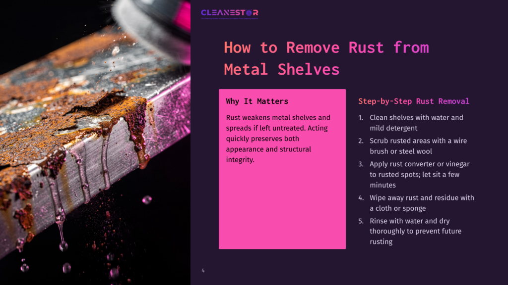Close-Up Of Heavily Rusted Metal Shelves With Water Droplets, Showing The Extent Of Rust Damage. Text Overlay: &Quot;How To Remove Rust From Metal Shelves,&Quot; &Quot;Why It Matters,&Quot; And &Quot;Step-By-Step Rust Removal.