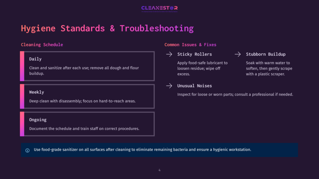 Infographic Showing Hygiene Standards And Troubleshooting Guide For Cleaning Equipment. Sections Include Cleaning Schedule, Common Issues And Fixes, And Tips For Maintaining Hygiene. The Background Is Purple With White Text And Arrows Pointing To Different Sections.