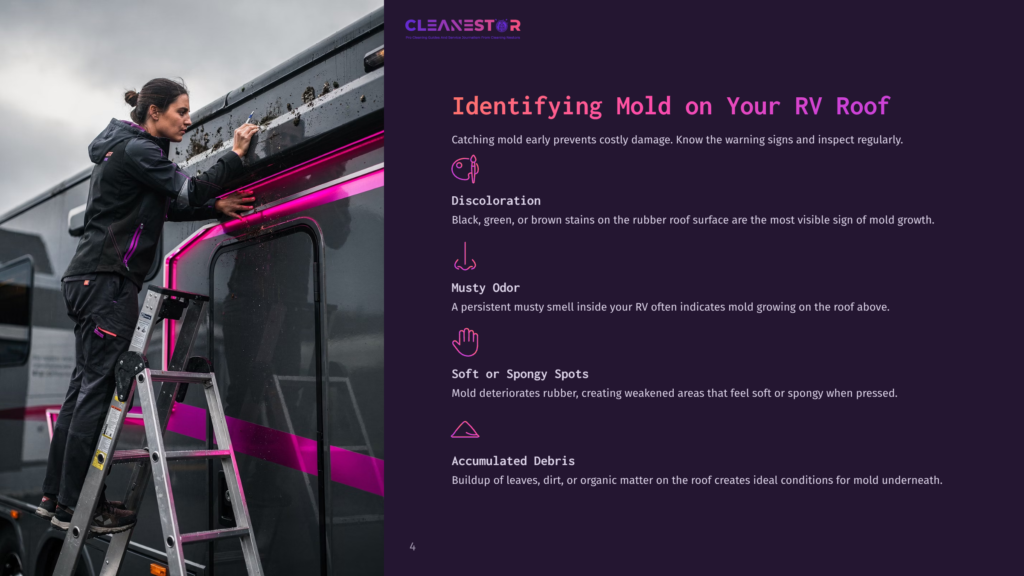 A Woman In A Black Jacket And Pants On A Ladder Inspects The Top Edge Of A Dark Rv, Revealing The &Quot;Cleanestor&Quot; Logo And Information About Identifying Rv Mold, Including Discoloration, Musty Odor, Soft Spots, And Accumulated Debris.