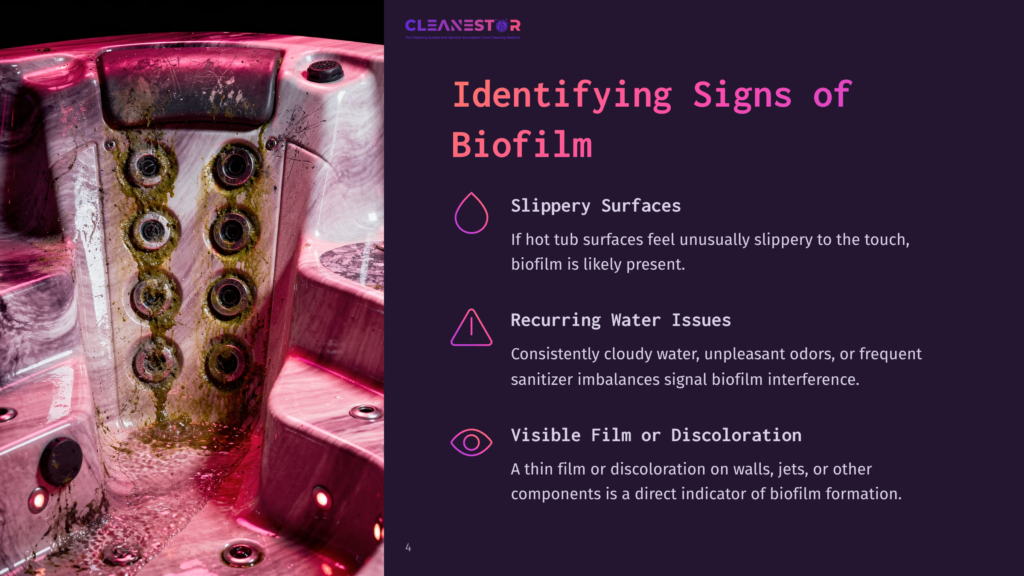 Interior Of A Dirty Hot Tub With Visible Biofilm On The Jets And Surfaces, Colored Pink By Lighting. Text Overlay: &Quot;Identifying Signs Of Biofilm.
