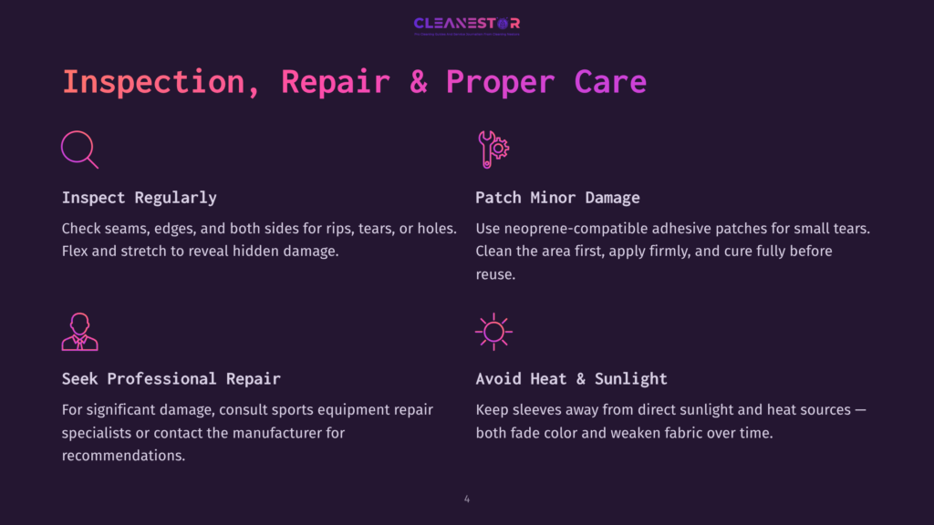 Infographic Detailing Proper Care For Wetsuits: Inspect Regularly For Damage, Patch Minor Tears, Seek Professional Repair For Significant Issues, And Avoid Heat And Sunlight To Preserve Fabric Color And Integrity.