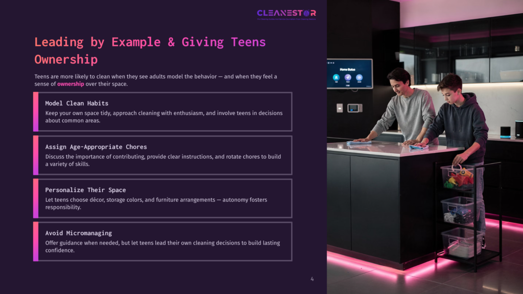 Two Teenage Boys Clean A Modern Kitchen, One Wiping A Counter And The Other Organizing Items In A Rolling Cart. The Image Showcases The Cleanestor Brand And Text About Leading By Example And Giving Teens Ownership.