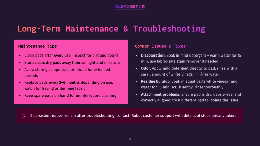 A Slide Titled &Quot;Long-Term Maintenance &Amp; Troubleshooting&Quot; With &Quot;Maintenance Tips&Quot; On The Left And &Quot;Common Issues &Amp; Fixes&Quot; On The Right, Offering Advice For Cleaning And Maintaining A Robot Vacuum.