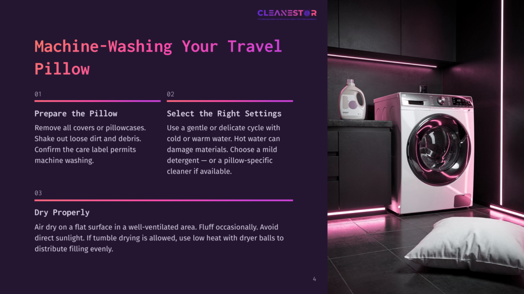 A Modern Laundry Room With A Sleek Washing Machine And Detergent Bottle, Next To A Clean White Travel Pillow. Instructions For Machine-Washing The Pillow Are Visible On The Left.