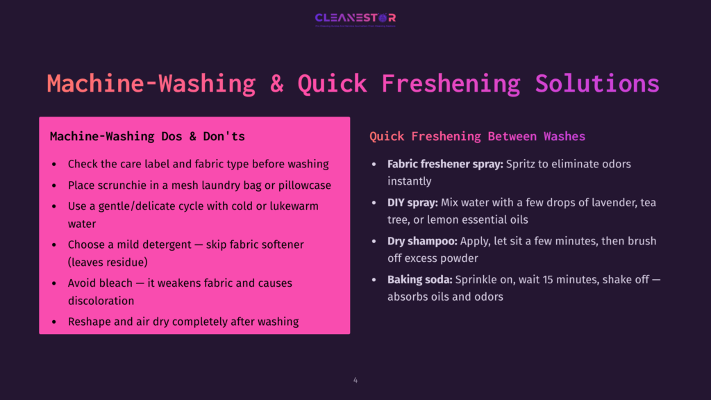 Slide Titled &Quot;Machine-Washing &Amp; Quick Freshening Solutions&Quot; With Two Columns: &Quot;Machine-Washing Dos &Amp; Don'Ts&Quot; And &Quot;Quick Freshening Between Washes,&Quot; Listing Laundry Tips And Fabric Care Advice.