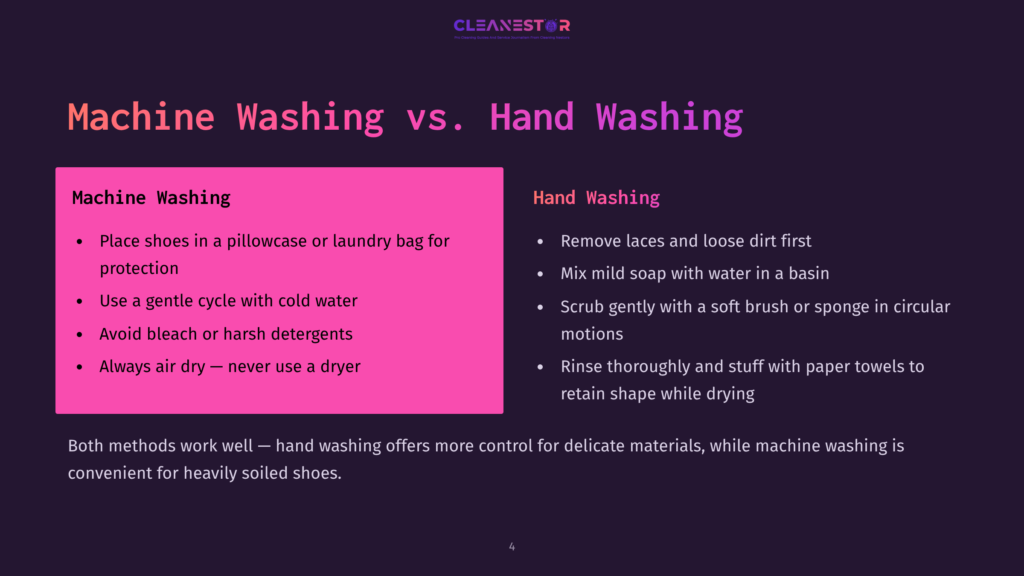 Comparison Of Machine Washing Vs. Hand Washing Shoes, With Key Steps For Each Method Listed On A Dark Background With Pink And White Text.
