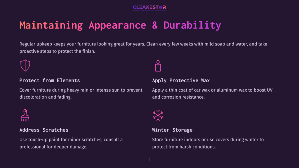4 Maintaining Appearance And Durability Illustration Detailing How To Maintain Furniture Appearance And Durability, With Icons For Protecting From Elements, Applying Wax, Addressing Scratches, And Winter Storage.