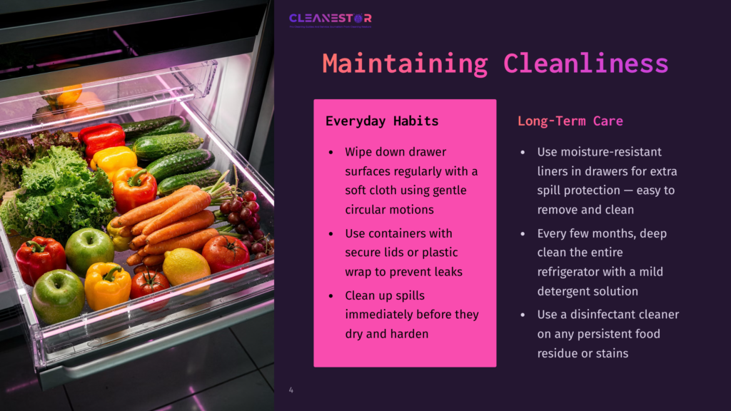 Cleanliness Tips For Maintaining A Refrigerator: Everyday Habits Like Wiping Down Surfaces And Long-Term Care Including Using Disinfectant Cleaner And Moisture-Resistant Liners.