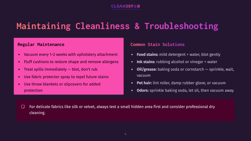 Cleanestor Slide With Title &Quot;Maintaining Cleanliness &Amp; Troubleshooting&Quot; On Dark Purple Background. Left Side Lists &Quot;Regular Maintenance&Quot; With Bullet Points. Right Side Lists &Quot;Common Stain Solutions&Quot; With Bullet Points. Bottom Has A Dark Purple Box With A Warning About Delicate Fabrics.