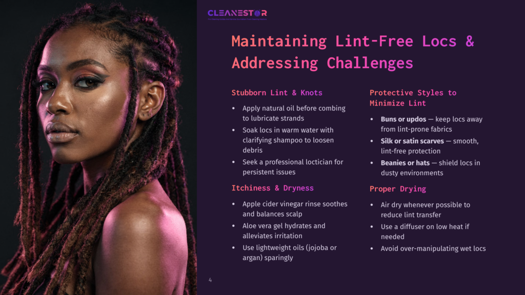 Woman With Locs Styled In Braids, Wearing A White Top, With A Cleanestor Logo And Text About Maintaining Lint-Free Locs.