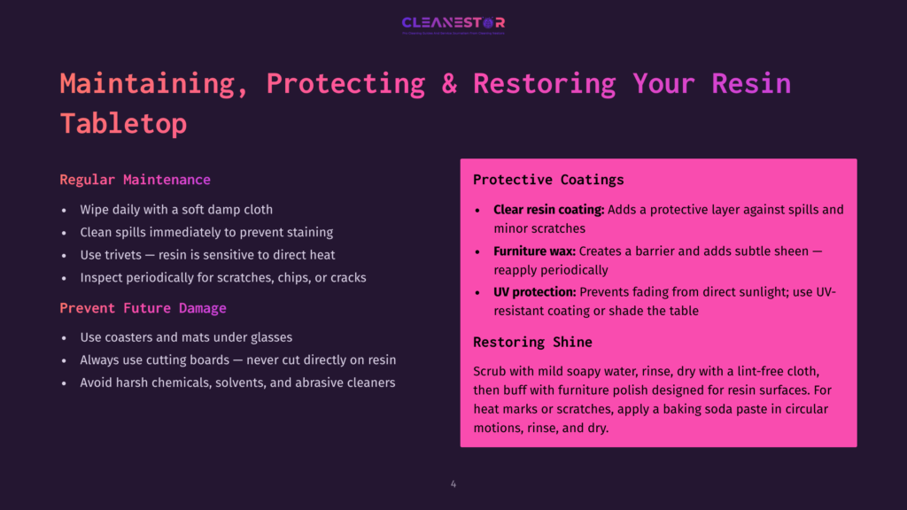 Slide Titled &Quot;Maintaining, Protecting &Amp; Restoring Your Resin Tabletop&Quot; With Sections On Regular Maintenance And Protective Coatings. Key Text Includes &Quot;Clear Resin Coating,&Quot; &Quot;Furniture Wax,&Quot; And &Quot;Uv Protection.