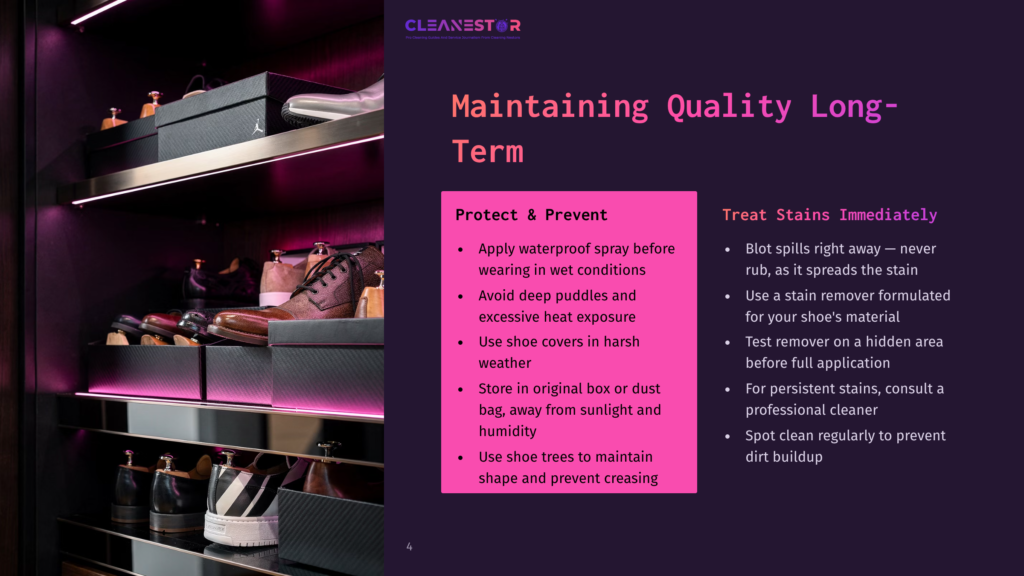 Close-Up Of A Shoe Rack With Men'S Dress Shoes And Boots Organized On Shelves With Pink Led Lighting. Text Overlay: &Quot;Cleanestor&Quot; And &Quot;Maintaining Quality Long-Term&Quot;.