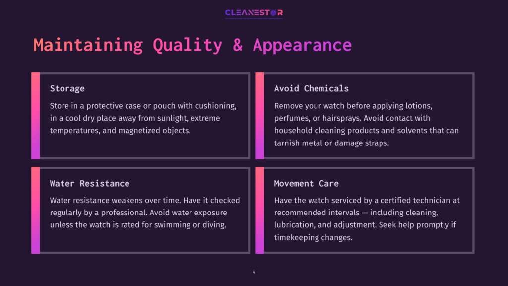 Infographic With The Title &Quot;Maintaining Quality &Amp; Appearance&Quot; For Watches, Detailing Storage, Avoiding Chemicals, Water Resistance, And Movement Care With Text And Icons.
