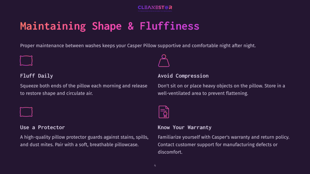 Dark Purple Background With &Quot;Cleanestor&Quot; Logo At The Top. Text Reads &Quot;Maintaining Shape &Amp; Fluffiness&Quot; And Provides Tips For Pillow Care, Including &Quot;Fluff Daily&Quot;, &Quot;Avoid Compression&Quot;, &Quot;Use A Protector&Quot;, And &Quot;Know Your Warranty&Quot;.