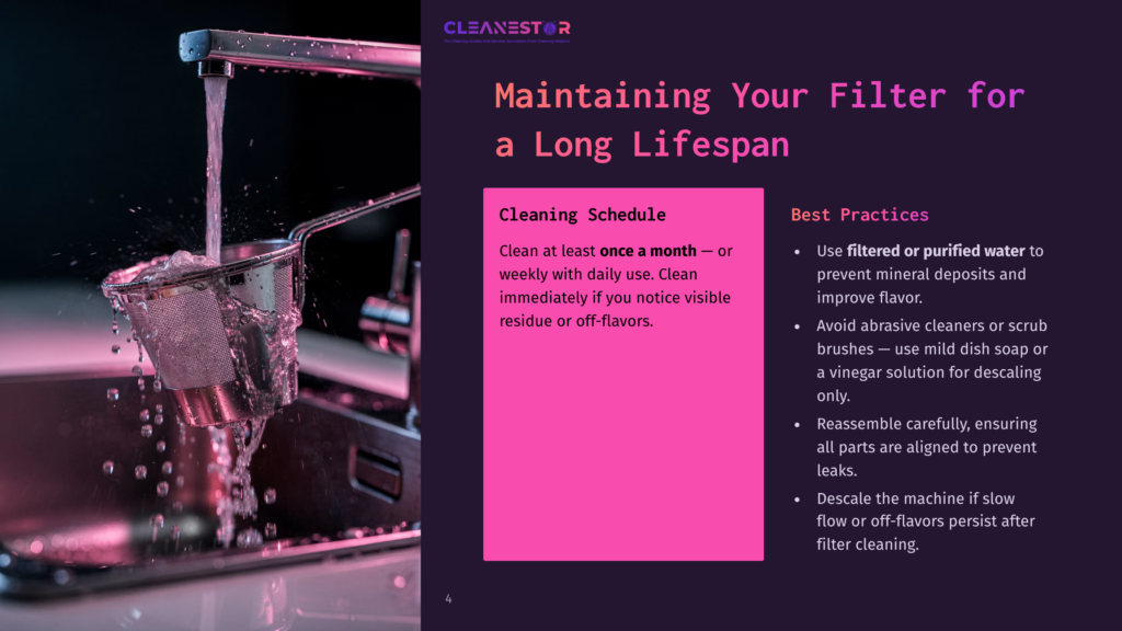 Cleanestor Logo And Text &Quot;Maintaining Your Filter For A Long Lifespan&Quot; Over A Close-Up Of Water Rinsing A Metal Filter In A Sink.