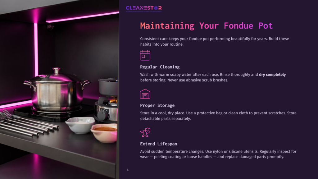 Cleanestor Logo And Text: &Quot;Maintaining Your Fondue Pot&Quot; With Tips On Regular Cleaning, Proper Storage, And Extending Lifespan. A Fondue Pot Set Is On A Dark Shelf.