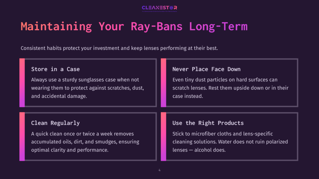 4 Maintaining Your Ray Bans Long Term Infographic Titled &Quot;Maintaining Your Ray-Bans Long-Term&Quot; With Four Panels: Store In A Case, Never Place Face Down, Clean Regularly, And Use The Right Products. Text Provides Tips For Sunglasses Care.