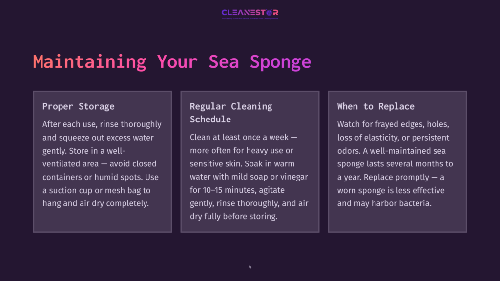 4 Maintaining Your Sea Sponge Cleanestor Sea Sponge Care Instructions: Proper Storage, Regular Cleaning Schedule, And When To Replace A Sea Sponge. The Text Is Displayed On A Dark Background With A Purple Gradient.