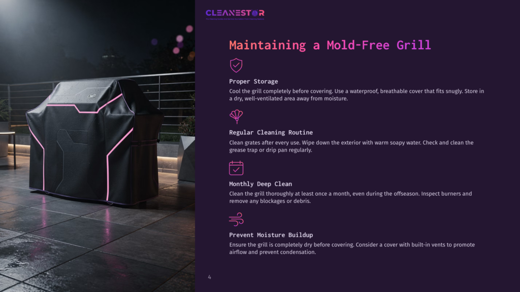4 Maintaining A Mold Free Grill A Black Grill Covered By A Waterproof, Breathable Cover With Neon Pink Accents Sits On A Tiled Patio At Night. The Cover Has The Cleanestor Logo At The Top.