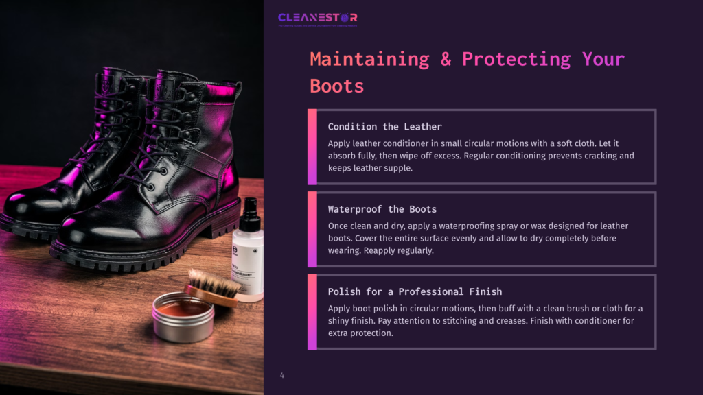Shiny Black Leather Boots Sit On A Wooden Surface Next To A Tin Of Shoe Polish, A Brush, And A Bottle Of Leather Conditioner, With Text Overlaying The Right Side Of The Image About Boot Maintenance.