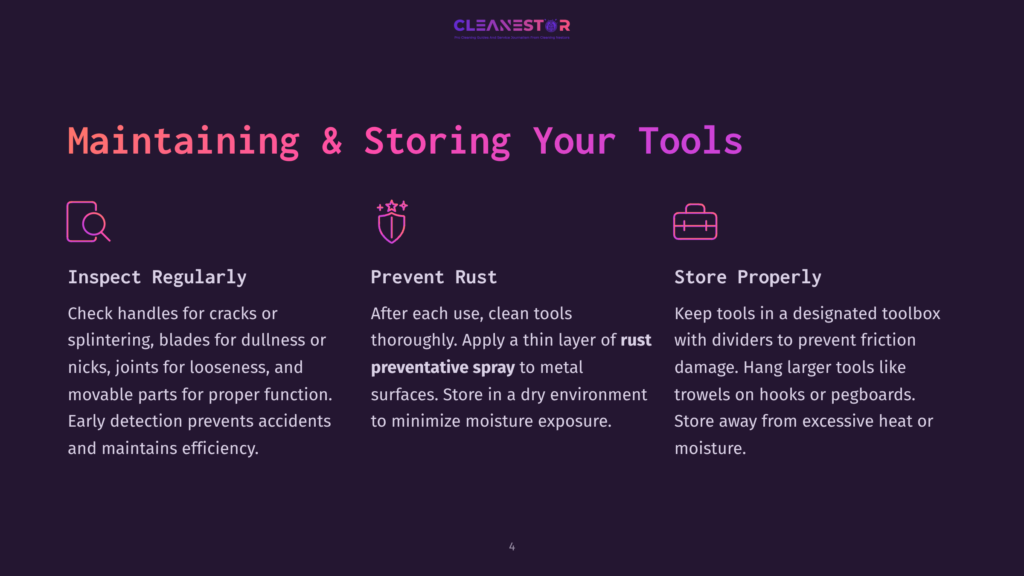 Three Icons Representing Tool Maintenance: An Inspection Magnifying Glass, Three Stars For Prevention, And A Toolbox For Storage. Text Reads &Quot;Maintaining &Amp; Storing Your Tools,&Quot; With Details On Inspection, Rust Prevention, And Proper Tool Storage.