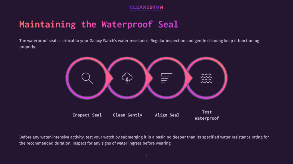 Illustration Of Steps For Maintaining Galaxy Watch Waterproof Seal, Showing Inspect, Clean Gently, Align, And Test Waterproof Phases With Icons.