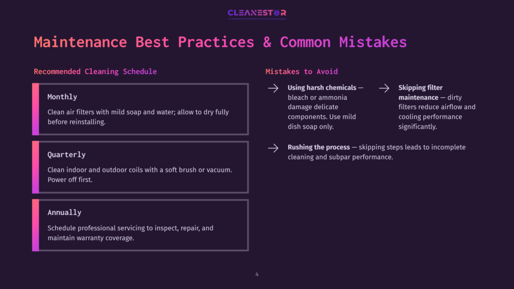 4 Maintenance Best Practices And Common Mistakes Infographic On Hvac Maintenance Best Practices And Common Mistakes, Detailing Monthly, Quarterly, And Annual Cleaning Schedules And Advice On Avoiding Harsh Chemicals And Rushing The Process.