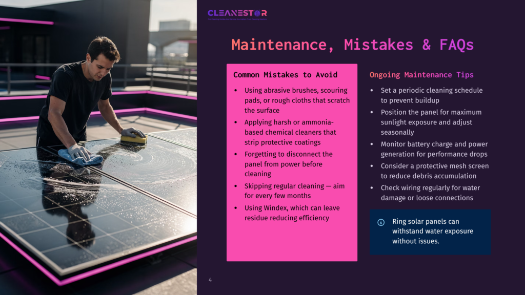 4 Maintenance Mistakes And Faqs Man Cleaning Solar Panels On A Rooftop With A Sponge And Cleaning Solution, With The Cleanestor Logo And Text About Solar Panel Maintenance Visible.