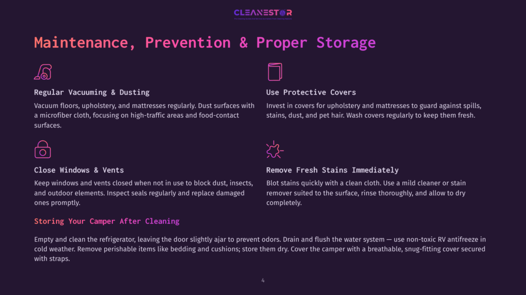 Diagram Illustrating Rv Maintenance: Regular Vacuuming And Dusting, Use Protective Covers, Close Windows And Vents, And Remove Fresh Stains Immediately. Text Also Includes &Quot;Storing Your Camper After Cleaning.