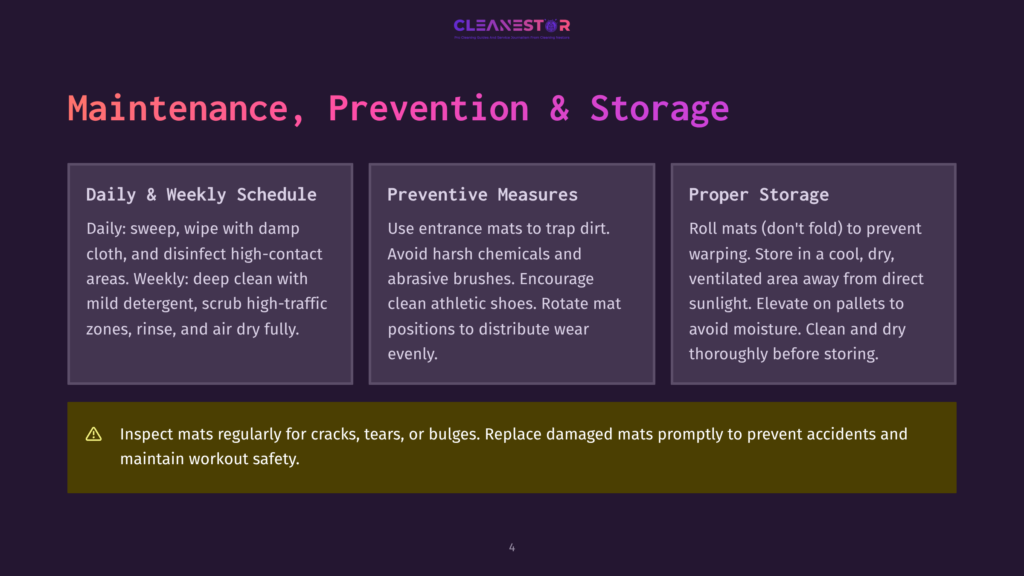 4 Maintenance Prevention And Storage Cleanestor Logo Above A Slide With Three Columns: &Quot;Daily &Amp; Weekly Schedule&Quot; For Mat Cleaning, &Quot;Preventive Measures&Quot; For Entrance Mats, And &Quot;Proper Storage&Quot; For Mats, With A Warning About Inspecting Mats For Damage.