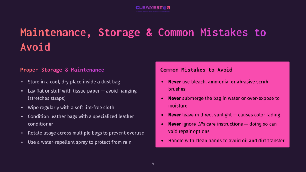 Slide Titled &Quot;Maintenance, Storage &Amp; Common Mistakes To Avoid&Quot; With Bulleted Lists Of Proper Storage And Common Mistakes For Leather Bags.